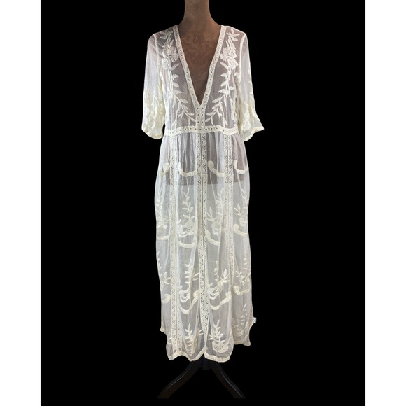 Woven Heart Dresses & Skirts - Woven Heart Ivory Floral Embroidered Sheer Mesh Maxi Dress Boho Duster Large